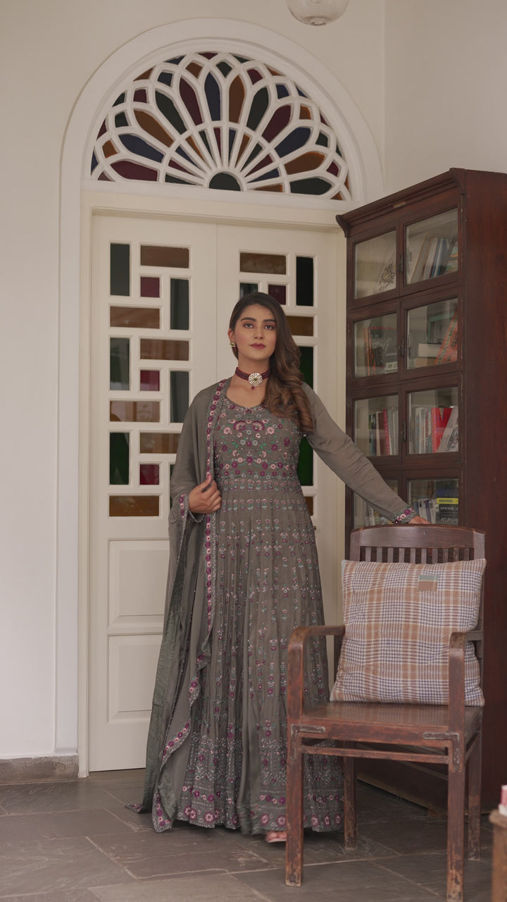 GREY INDO-WESTERN FRONT SLIT GOWN FOR WOMEN- PAIRED WITH LEHENGA & DUPATTA - EMBROIDERED WITH RESHAM & HANDWORK - SET OF 3