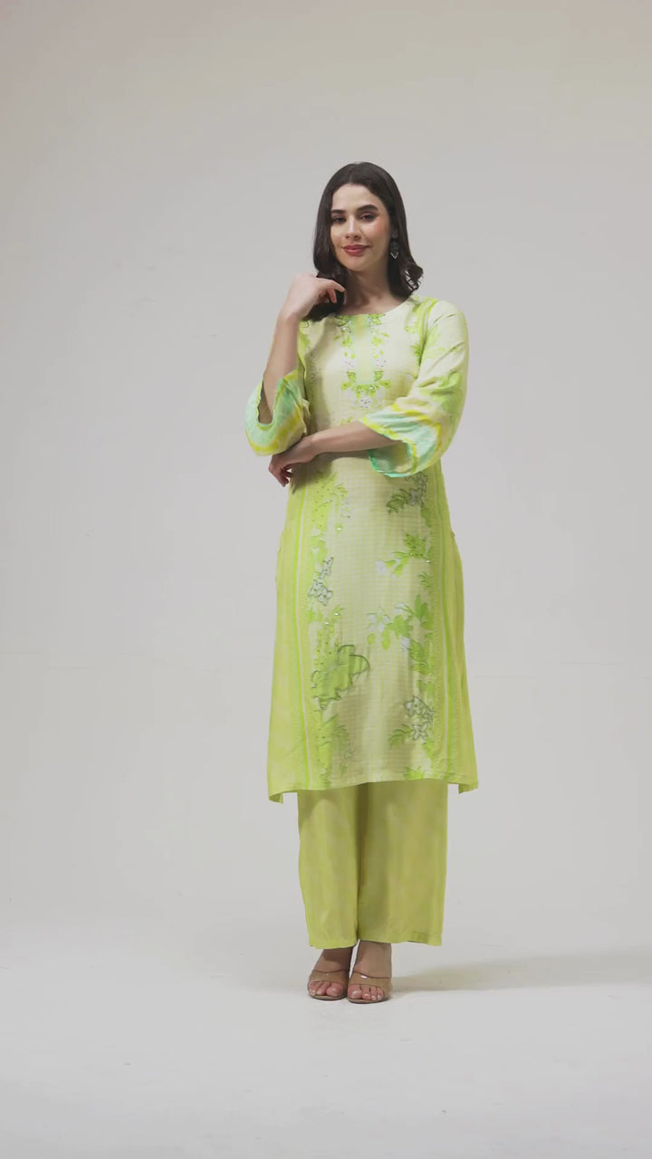Printed Muslin Silk Kurta & Pant - Set Of 2 - Lime Green